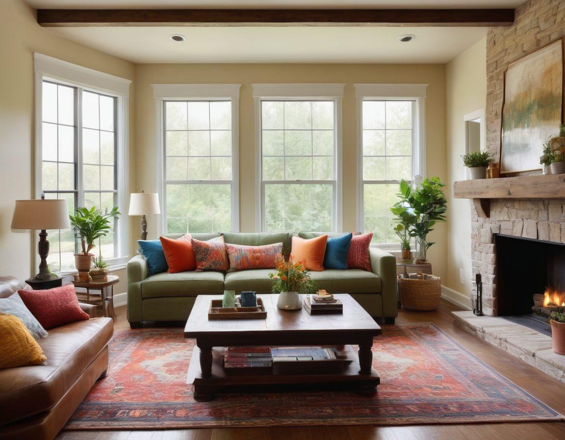 A warm and inviting living room featuring a plush sofa adorned with colorful cushions, a rustic coffee table, and a soft area rug. Add a bookshelf filled with family photos and favorite books, along with a gentle fireplace casting a soft glow. Include large windows letting in natural light, surrounded by potted plants for a refreshing touch. Create a cozy atmosphere with warm colors, soft textures, and a family-friendly decor. super-realistic. vibrant colors. warm lighting.