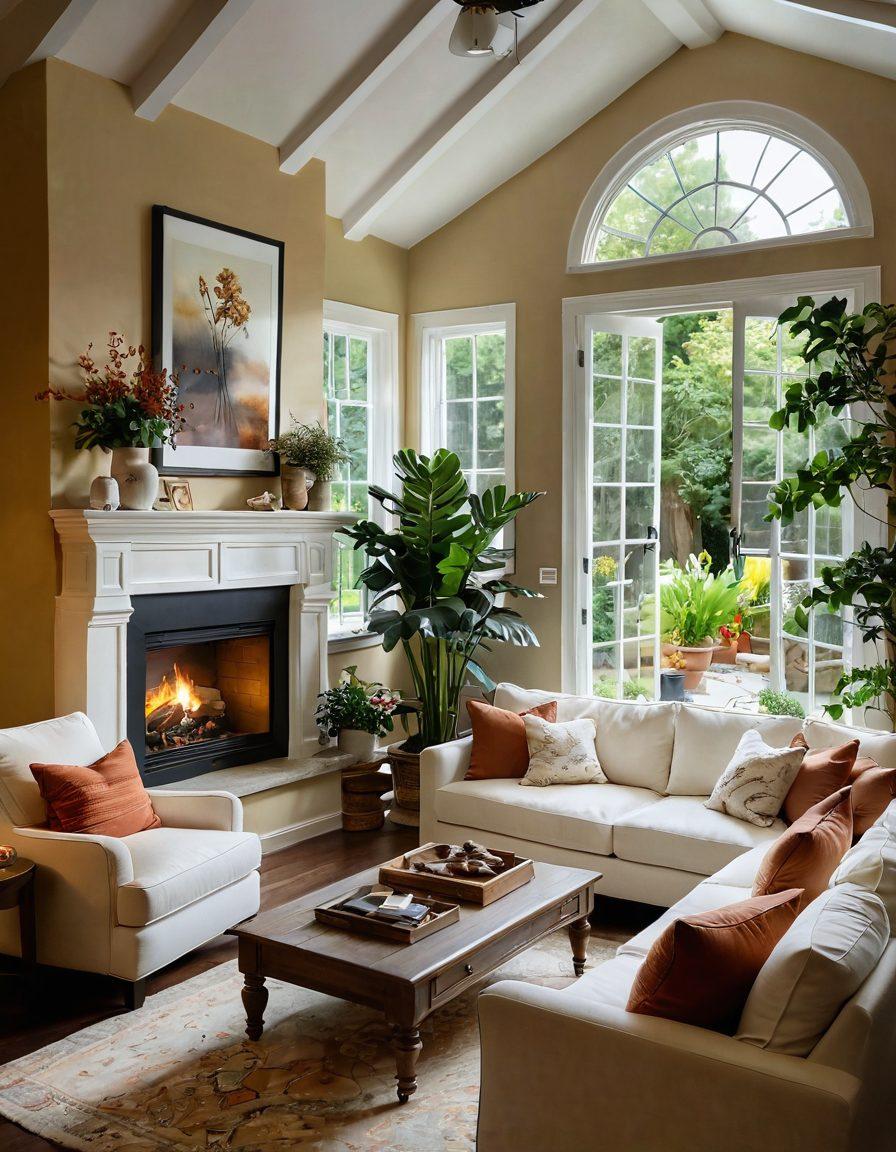 A warm and inviting family home emanating coziness, featuring a well-lit living room with a plush sofa, decorative pillows, and a roaring fireplace. The scene includes a family gathered together, laughter in the air, with vibrant houseplants and soft lighting creating a comfortable atmosphere. Through the windows, a peaceful garden can be seen, enhancing the sense of shelter and tranquility. painting. warm tones. soft light.