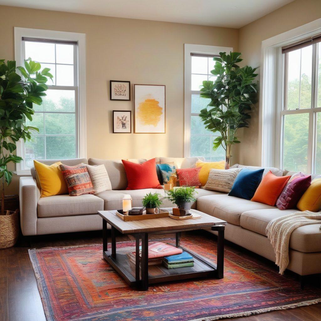 A cozy family living room with warm lighting, showcasing a mix of modern and rustic decor. Include a vibrant indoor plant in the corner, a comfortable sofa with colorful cushions, and a wall with family photos. A soft rug and a coffee table featuring books and candles enhance the inviting atmosphere. Add large windows allowing natural light to flood the space. super-realistic. warm colors. soft focus.